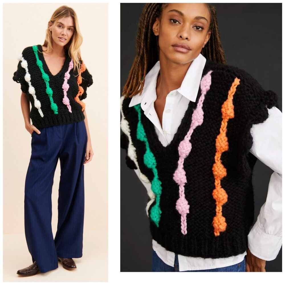 Anthropologie Maeve Bauble Embroidered Knit Sweater Vest Black Motif One Size OS